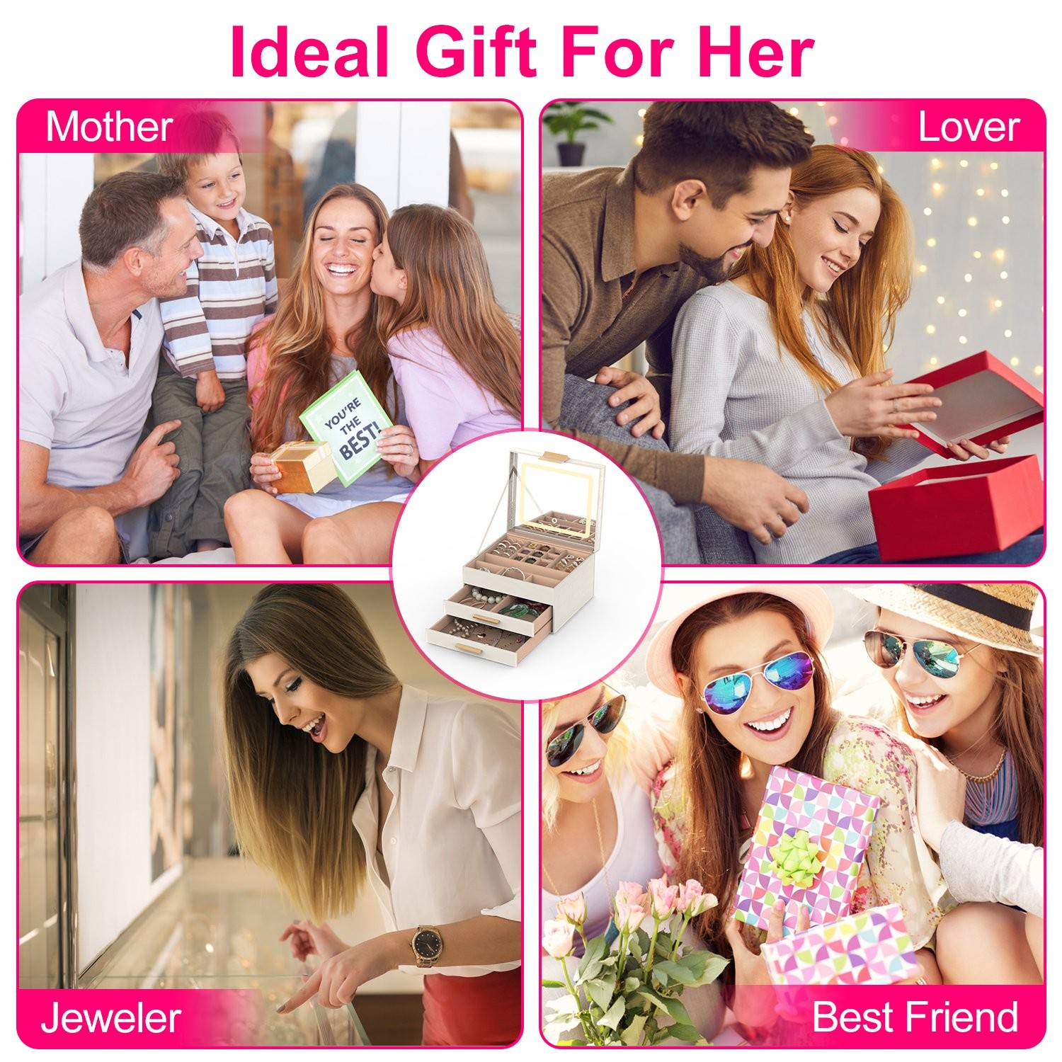 3‑Layer Jewelry Box with LED Mirror – PU Leather Organizer with Drawers for Ring