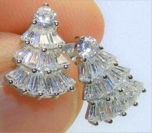 2Ct Baguette Simulated Diamond Christmas tree Stud Earring 14k White Gold Plated