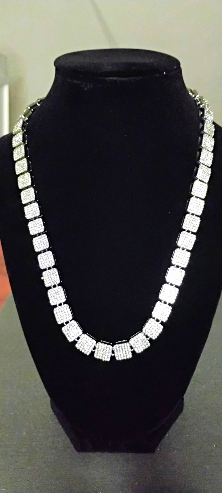 18 Inch Silver Plated Square Necklace White/Clear Diamond Simulated CZ Stones