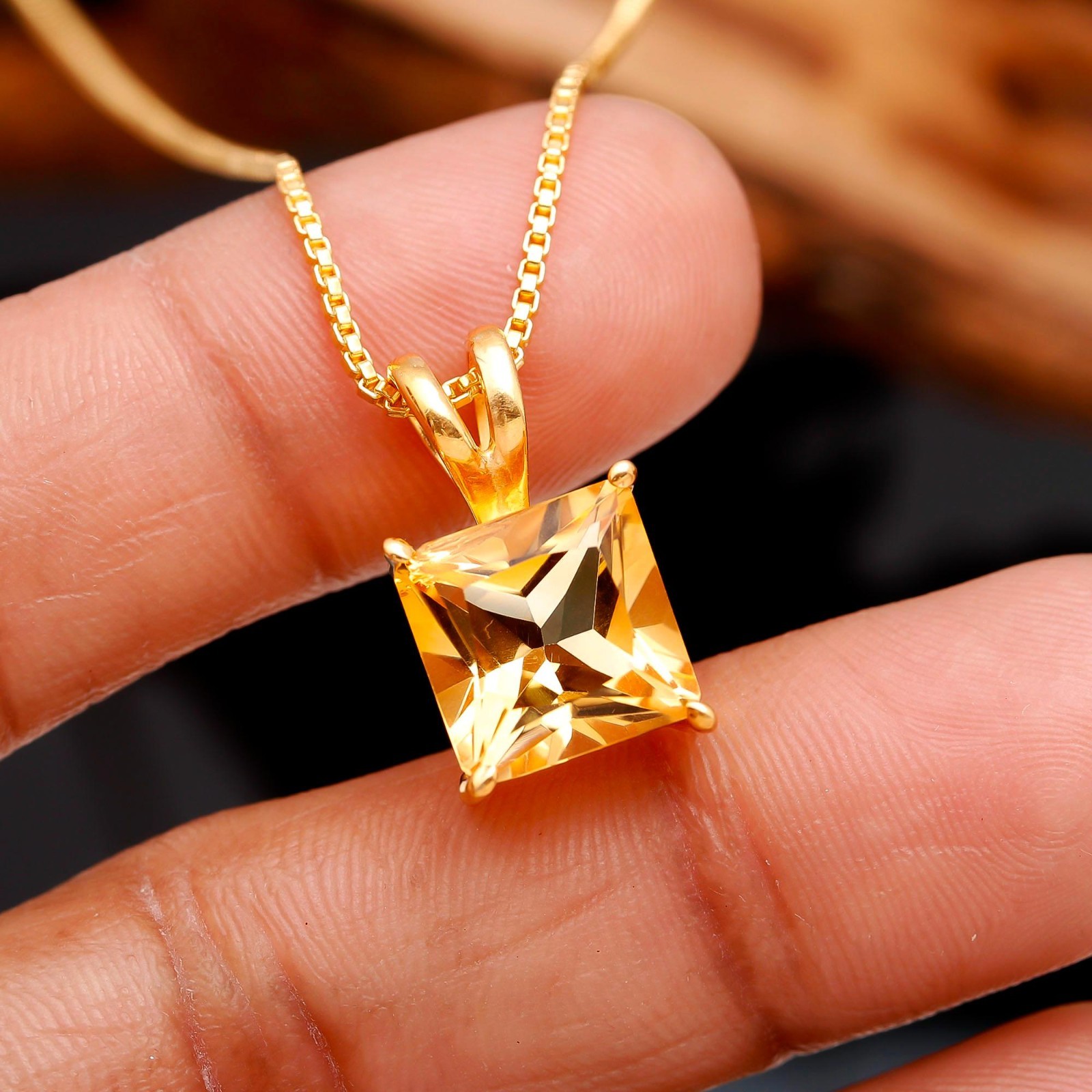 Natural Citrine Quartz Square Necklace Gold Fill Solid Silver Designer Jewelry