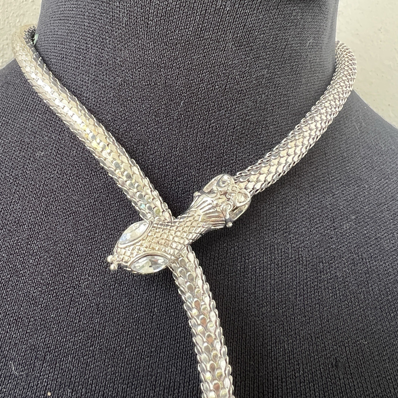 Vintage Silver Chainmail Mesh Serpent Snake Belt Necklace Adjustable Lariat 30”