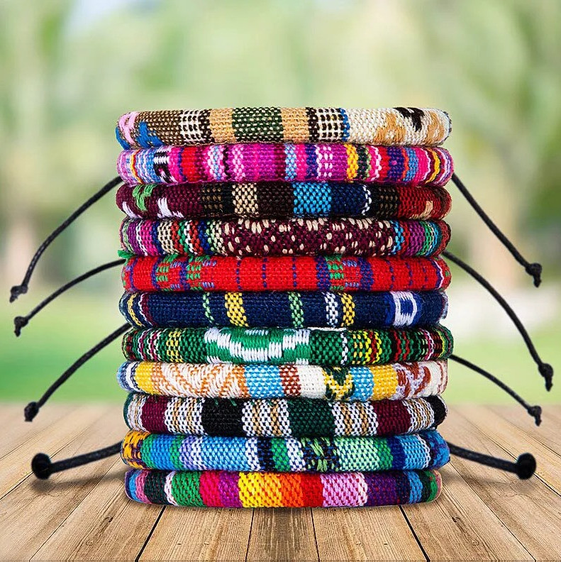 12pcs Bohemian Adjustable Unisex Bracelets Colorful Cotton Ethnic Style Set