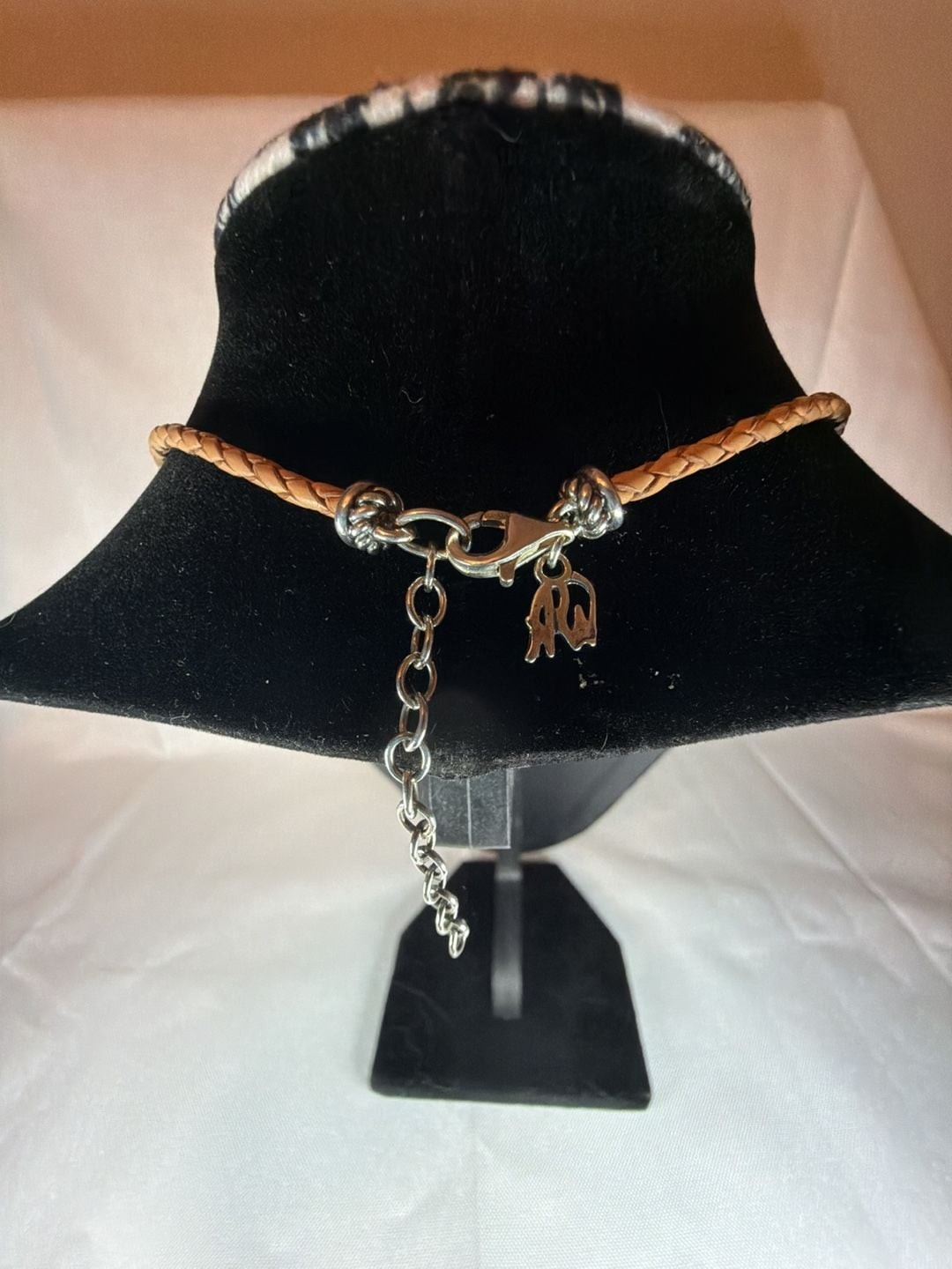 A&W Branded Tan Braided Leather Necklace with Twisted Metal Tube Focal Piece