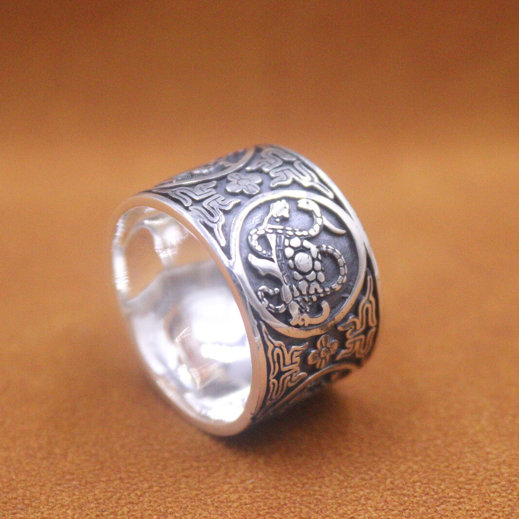 Real 999 Pure Silver Ring Men Chinese Four Great Divine Beasts Band Ring US 10