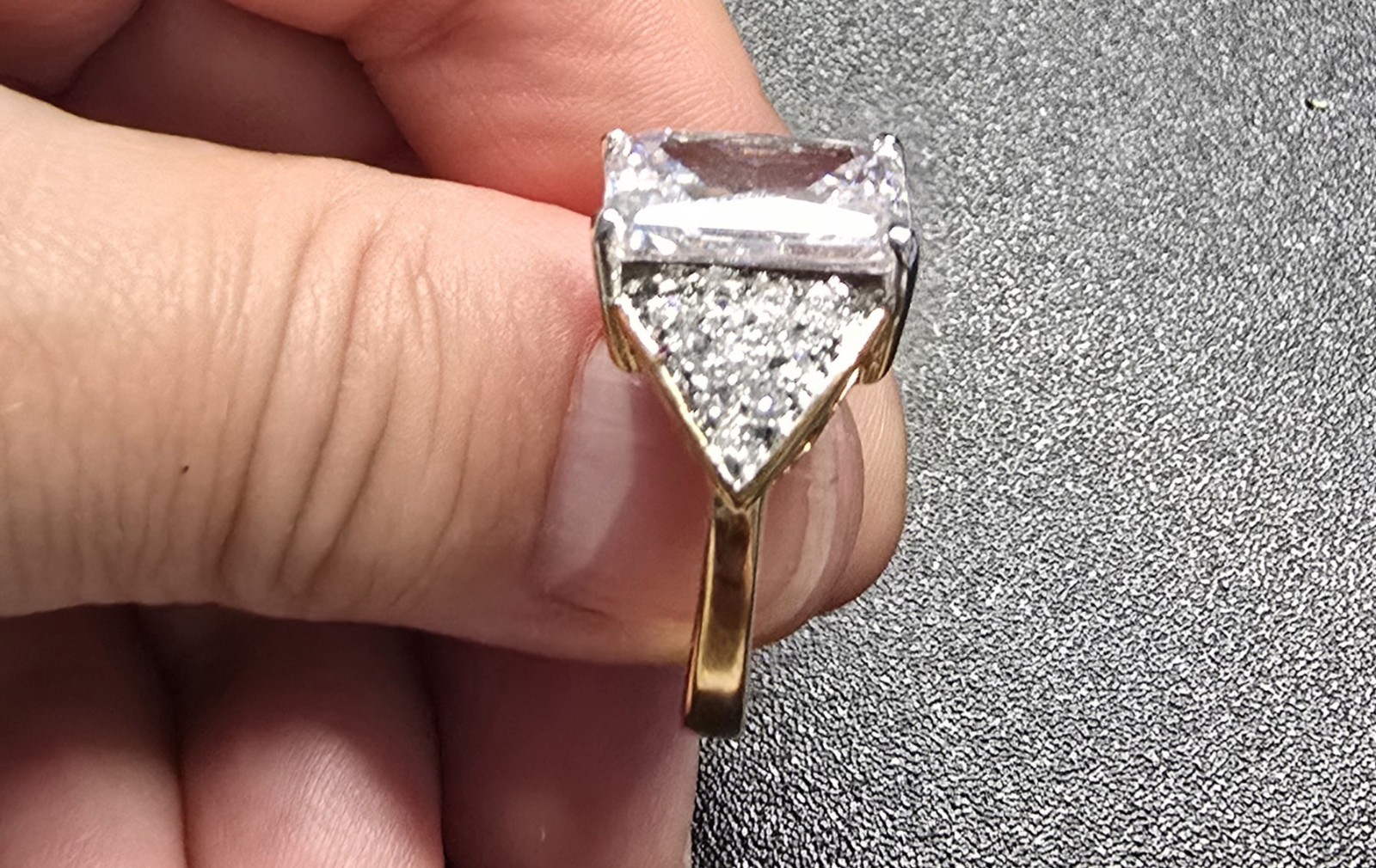 Gold Radiant Cut Diamond Cocktail Ring w/ Side Diamonds Size 7