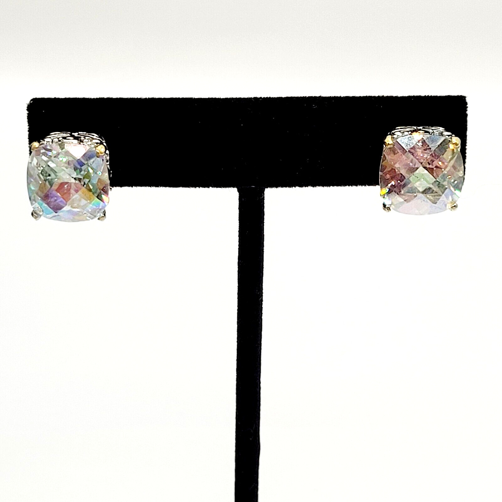 Modern Rainbow AB Crystal Square Stud Two Tone Ornate Frame Pierced Earrings
