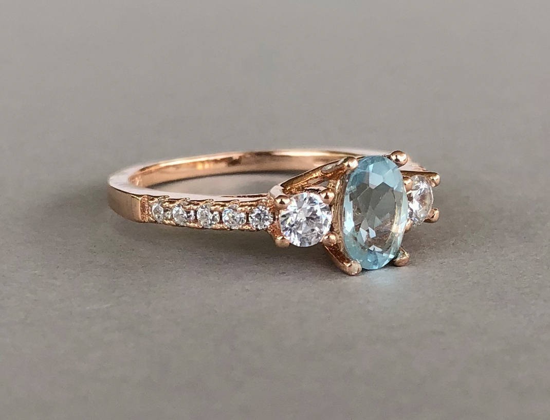 Pretty Engagement Ring 2Ct Oval Cut Simulated Aquamarine In 14k Rose Gold Plated