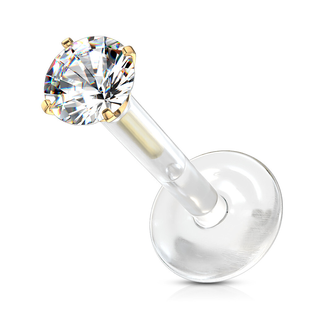 Pair Prong Set Round CZ Bio Flex Push In Ear Cartilage Helix Labret Tragus 16G