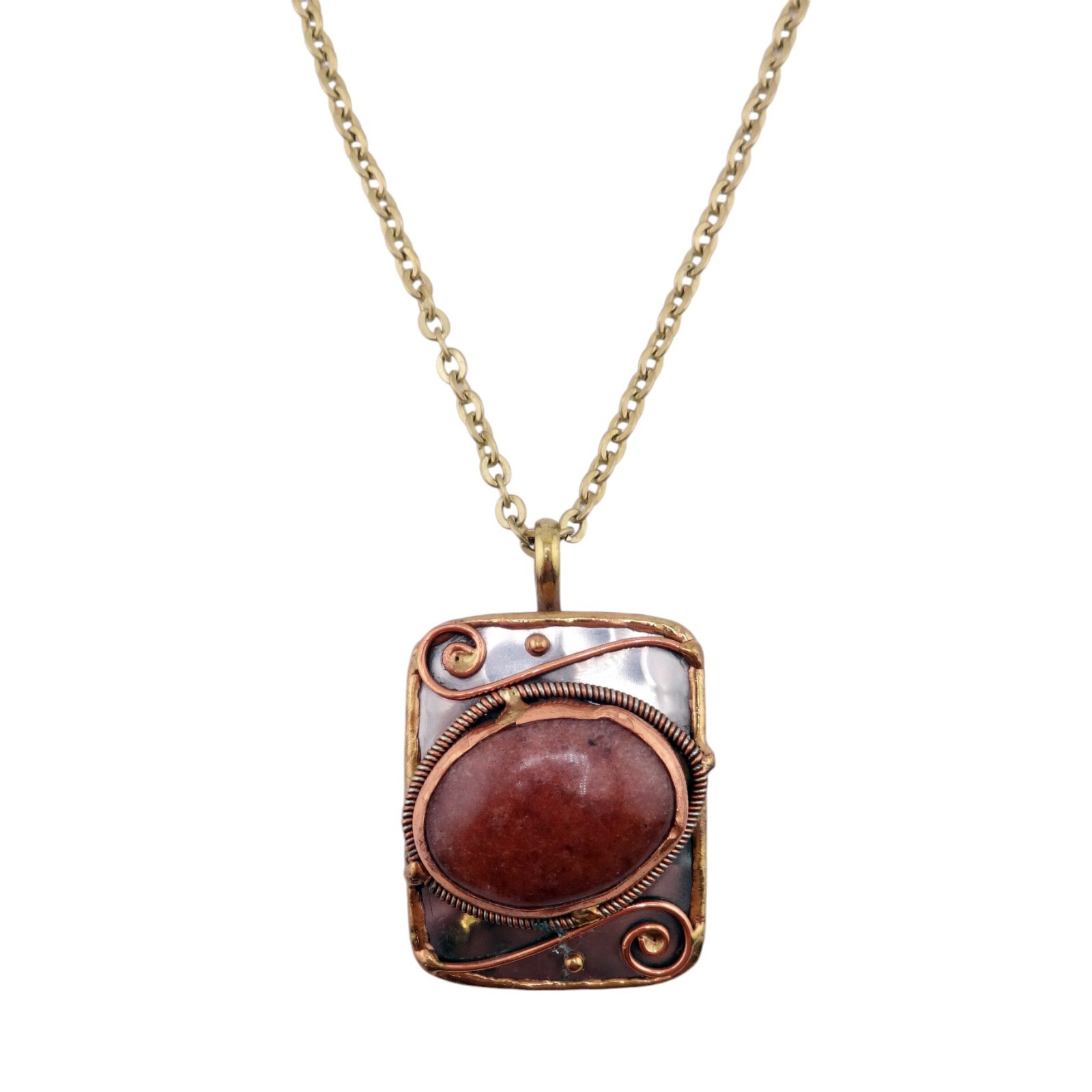 Anju Mixed Metals Red Mineral Stone Rectangle Pendant Goldtone Necklace – NEW