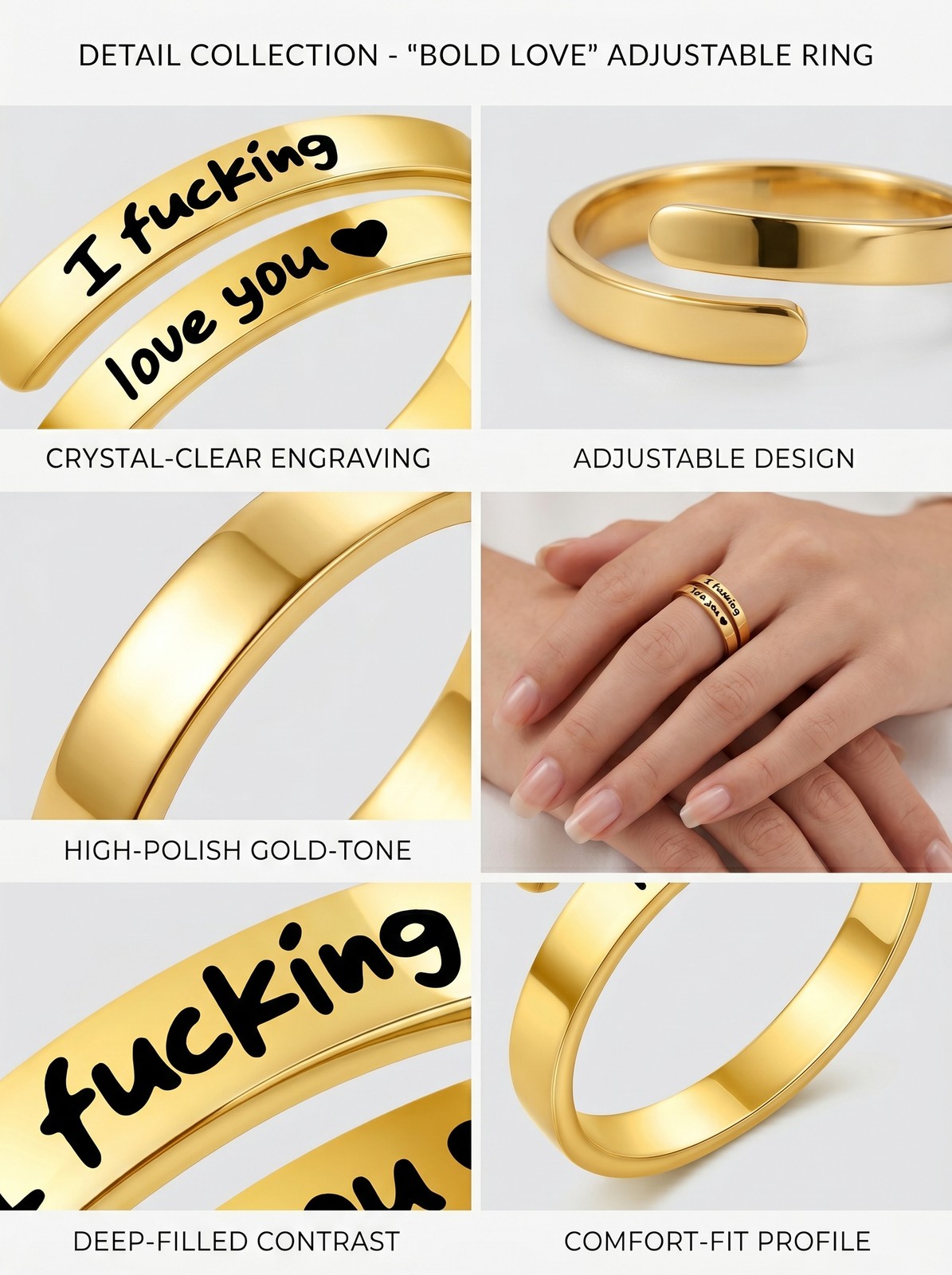 I Fu*king Love You Ring, Gold Statement Love Band, Funny Couple Gift, Adjustable