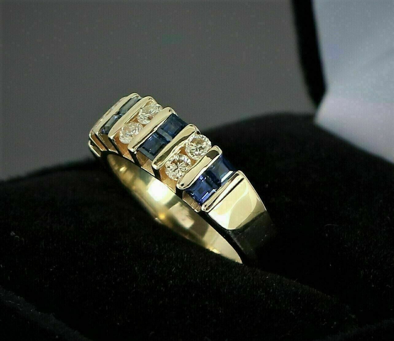 1.50Ct Lab-Created Blue Sapphire & Round Diamond Band Ring 14K Yellow Gold Over