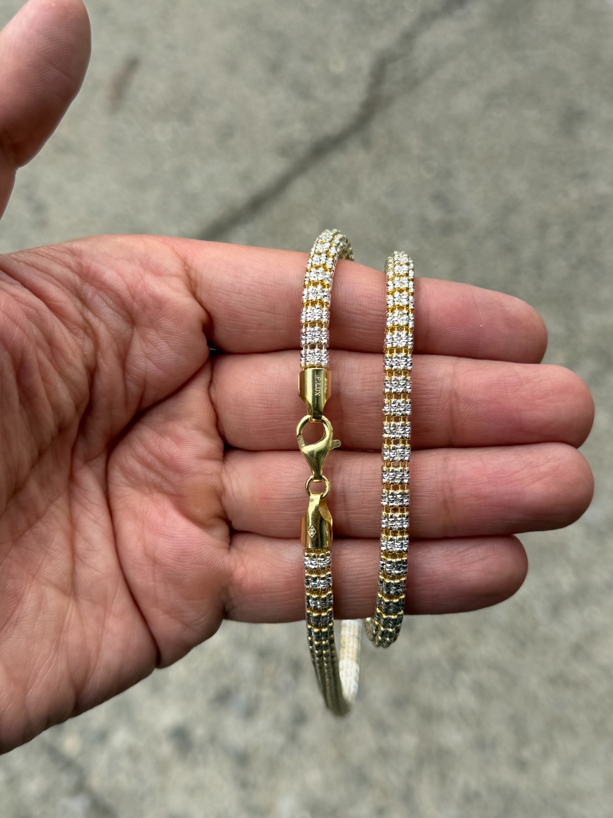 5.5mm 14k Yellow Gold Two Tone Diamond-Cut Ice Link Chain Sterling Silver 925