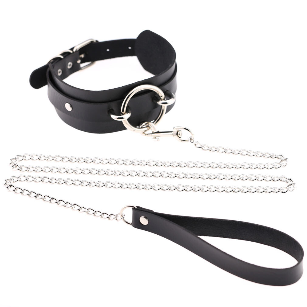Leather Choker Collar with Chain Leash Set Cosplay Necklace Gothic Punk O-ring