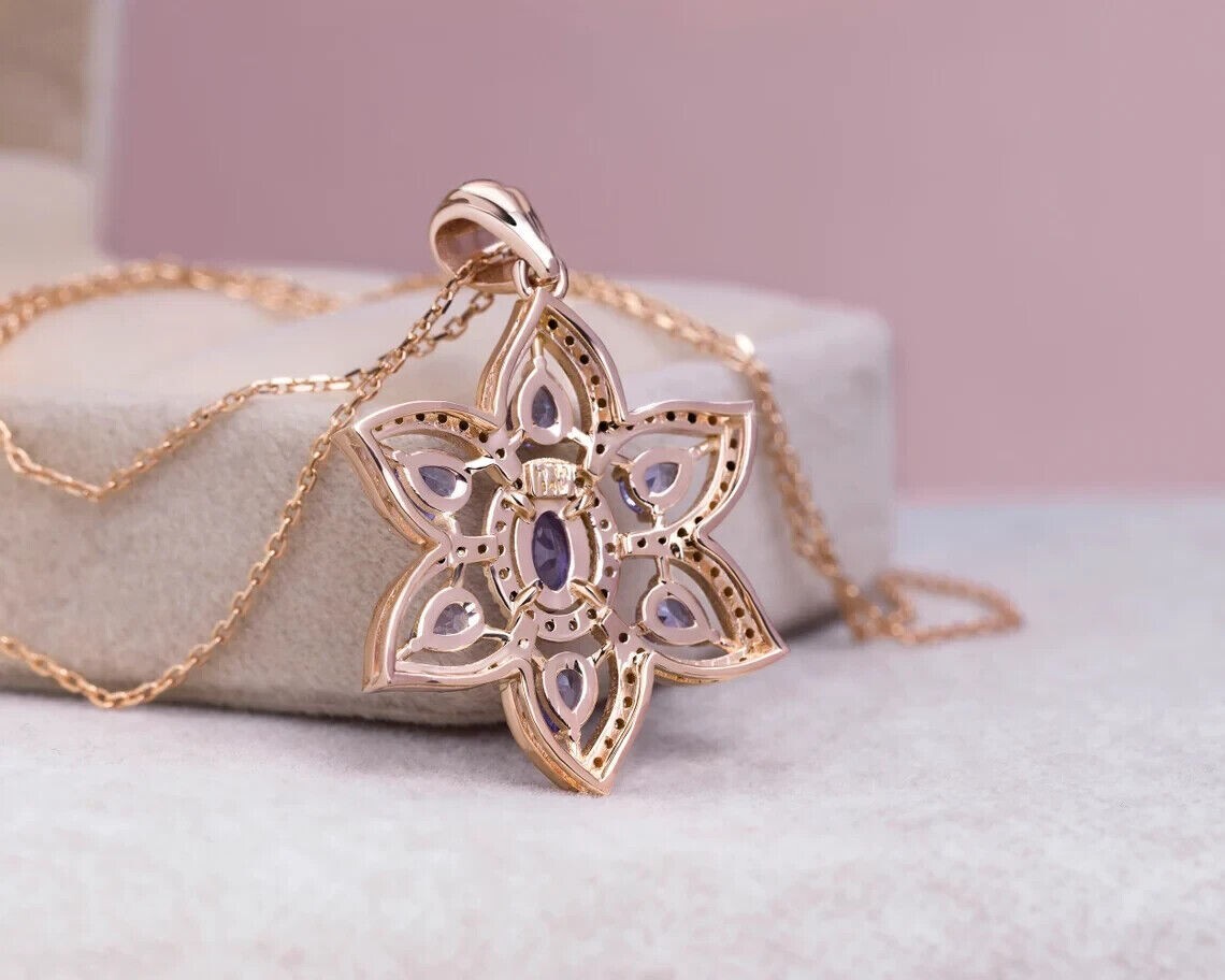 Oval Cut Simulated Tanzanite Gorgeous Flower Charm Pendant 14K Rose Gold Plated