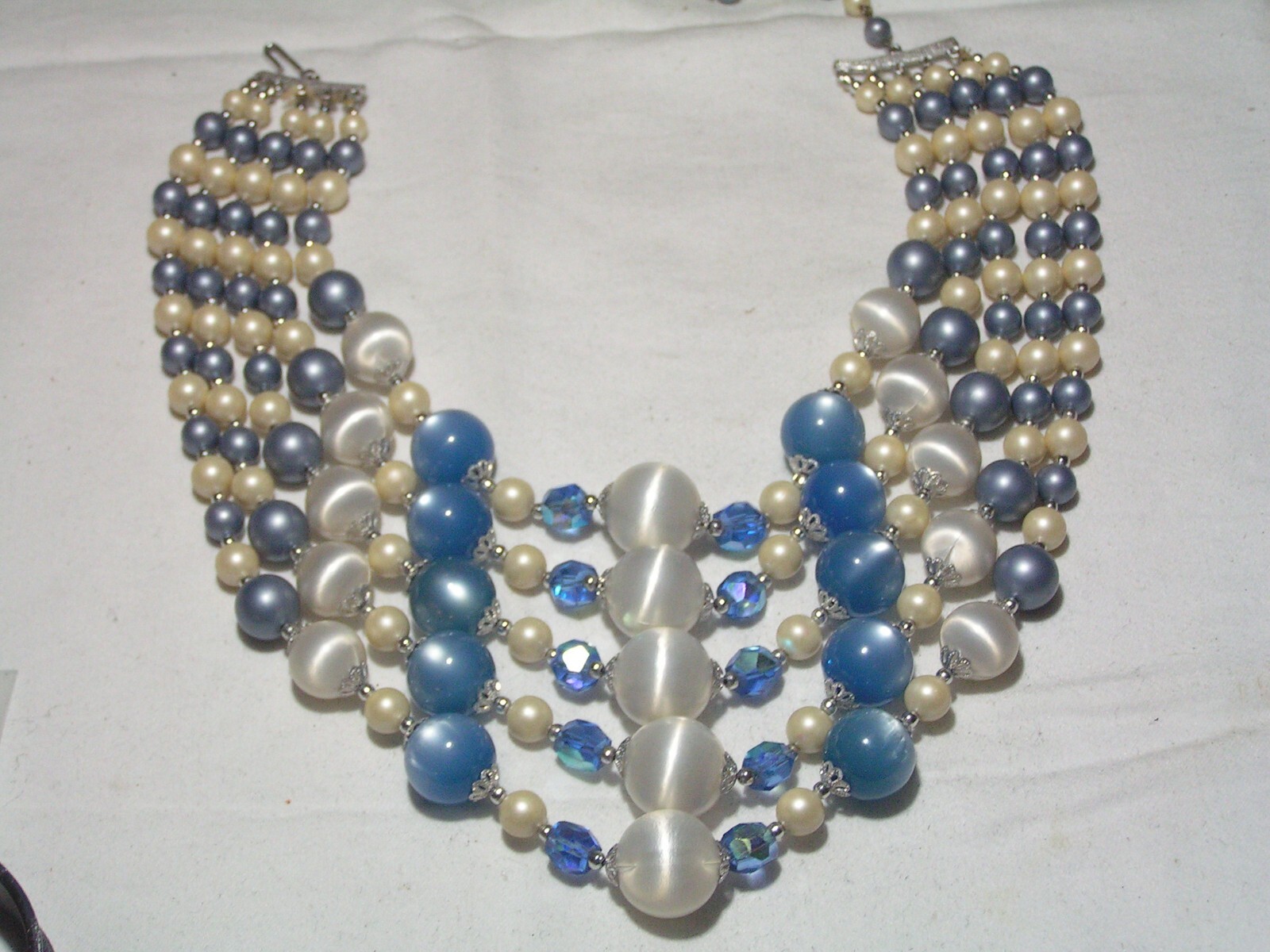 Vtg Japan 5 Strand ST, Glass, Moonglow Lucite, Faux Pearls & Silk Beads Necklace