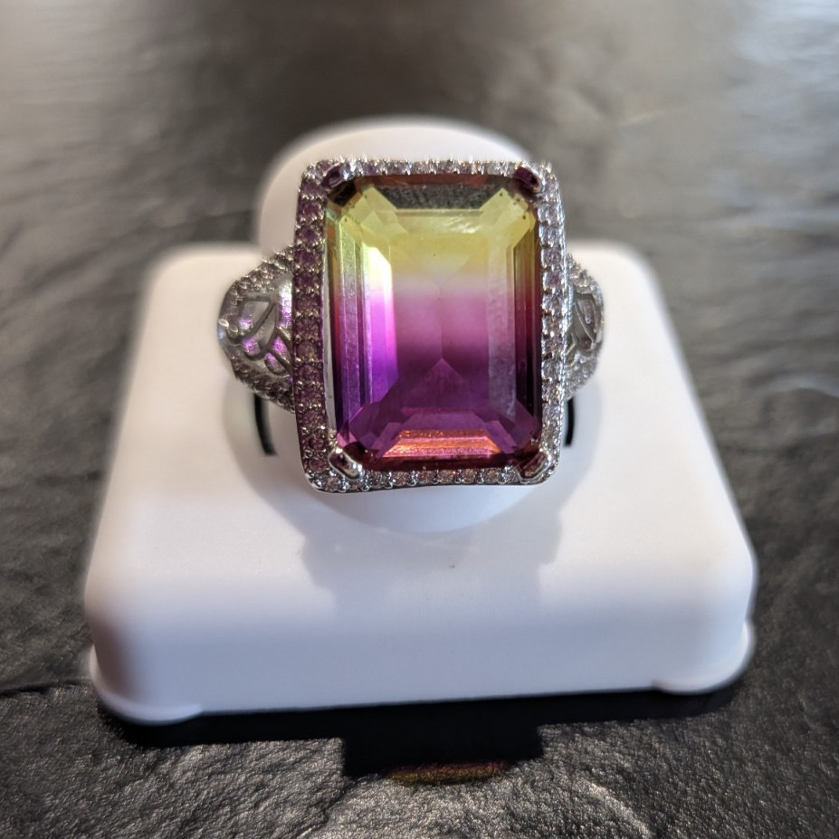 S925 Halo Cocktail Ring Size 11 Emerald-Cut Multicolor Rectangle Stone