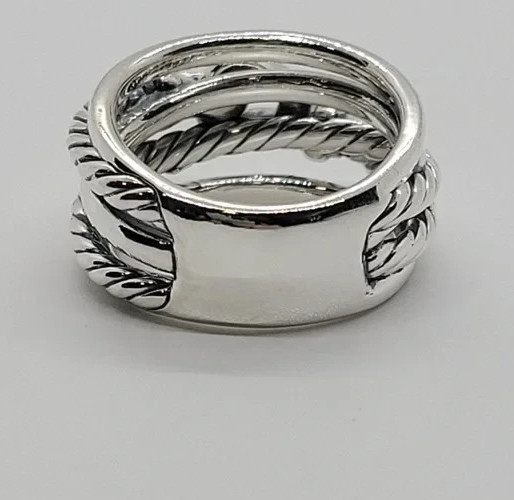 David Yurman Sterling Silver and Diamonds Buckle Crossover Ring Size 8