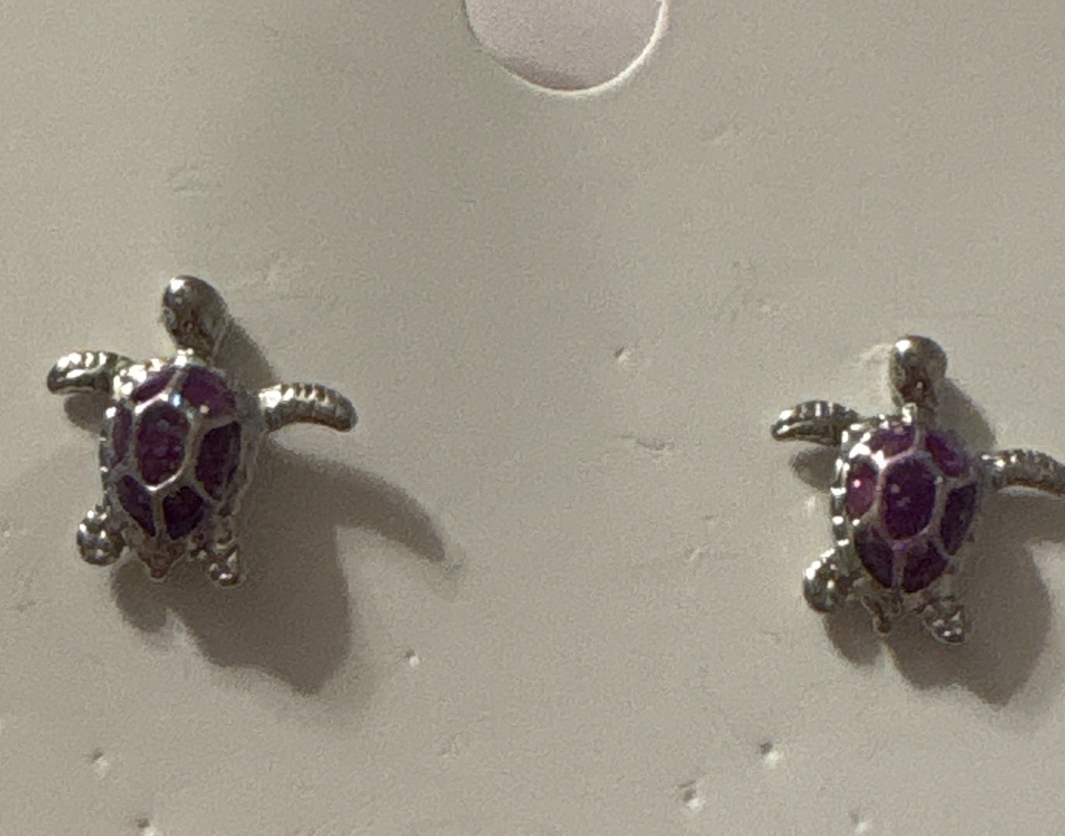 Silver Tone Turtle Stud Earrings, Purple Accents, Butterfly Back Metal