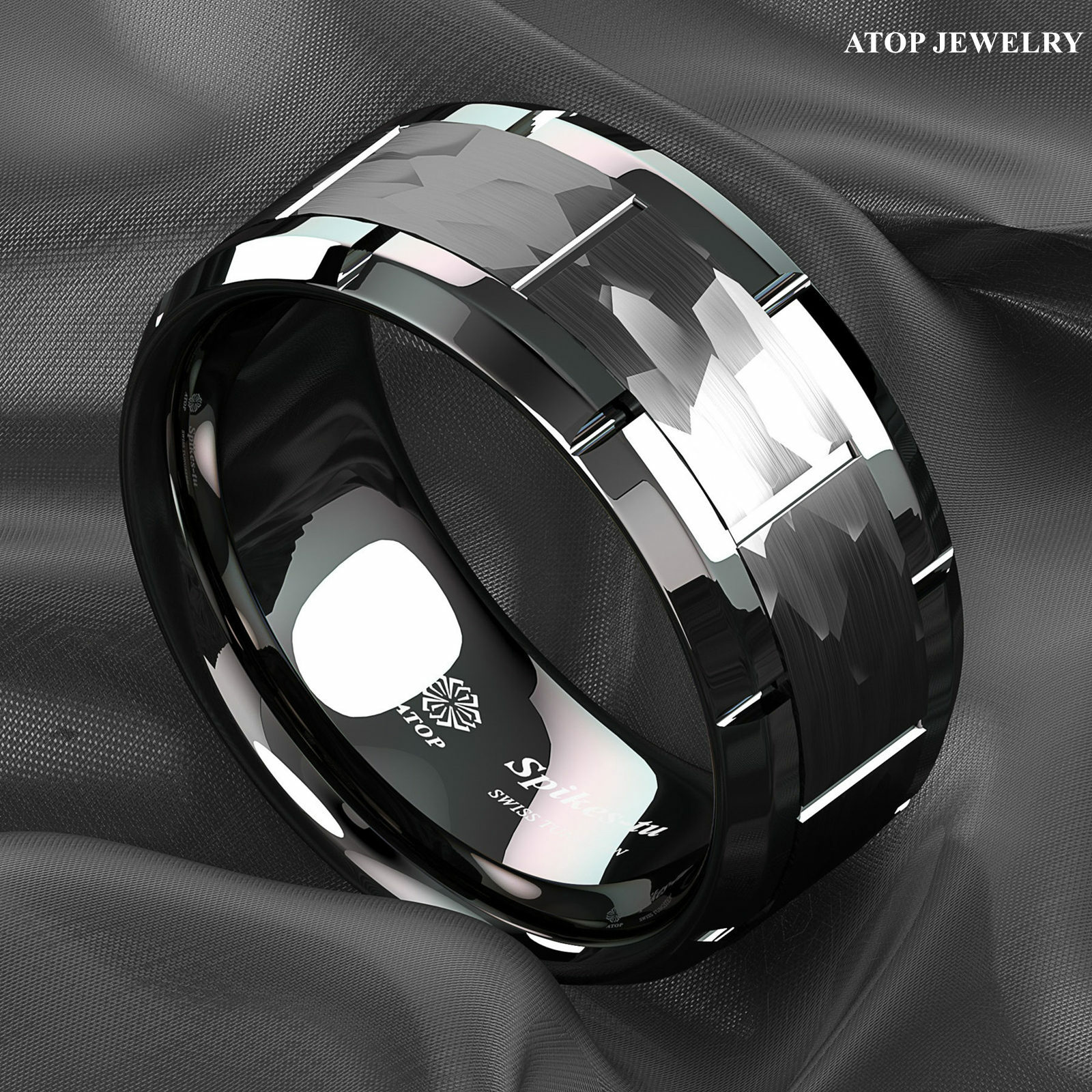 8mm All Black Brushed Hammered Tungsten Ring for Men Wedding Band ATOP Jewelry