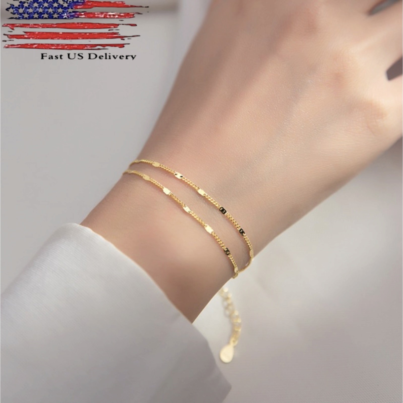 18K Gold Plated Stainless Steel 2 Layers Sequins Chain Women Girl Bracelet C57