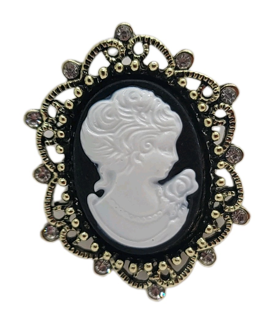 Vintage Victorian Style Cameo Brooch Pin Petite Black & White Rhinestone New