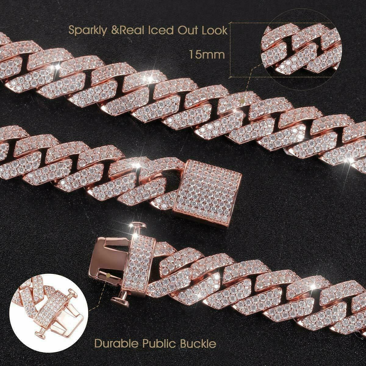 Men’s Rose Gold Plated Ice Out Chain Stainless Steel Miami Cuban Link Bracelet
