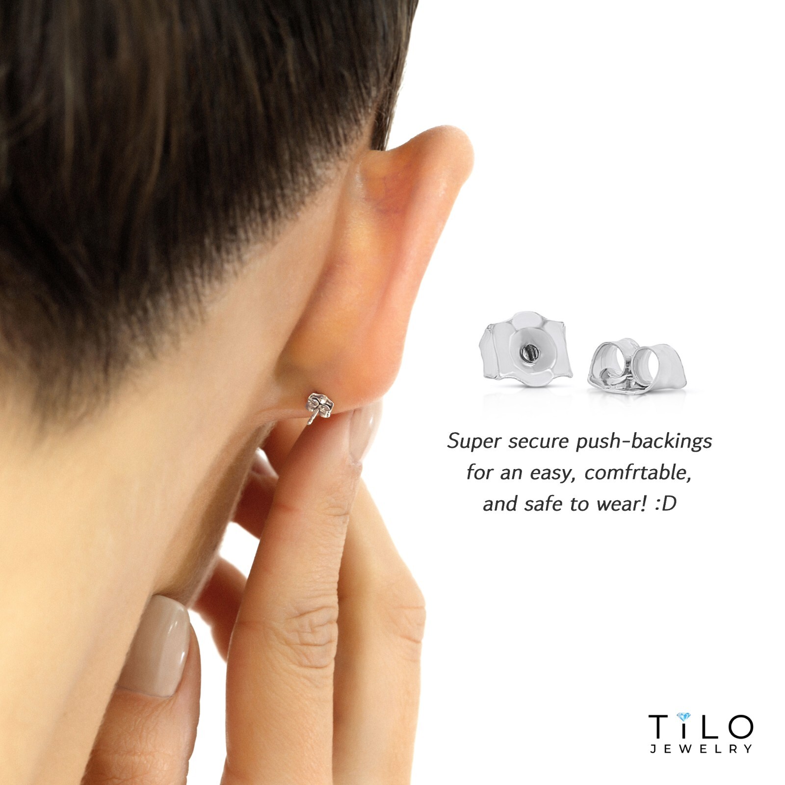 14K Real Solid White Gold Diamond-Cut Round Ball Stud Push-back Earrings