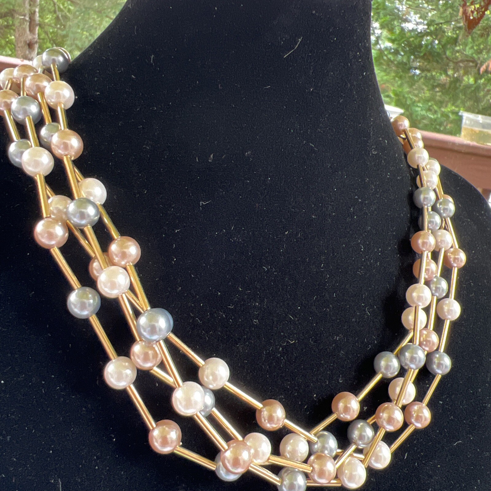 Signed Avon Vintage Gold Tone Faux Pearl Multi 4 Strand 20” Necklace （7475）
