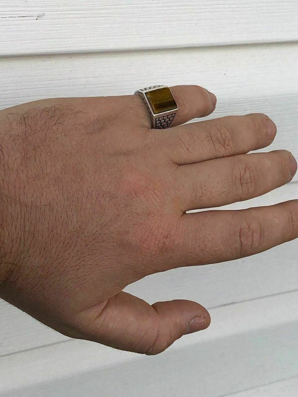Mens Real Solid 925 Sterling Silver Tiger Eye Square Ring Size 7 8 9 10 11 12 13