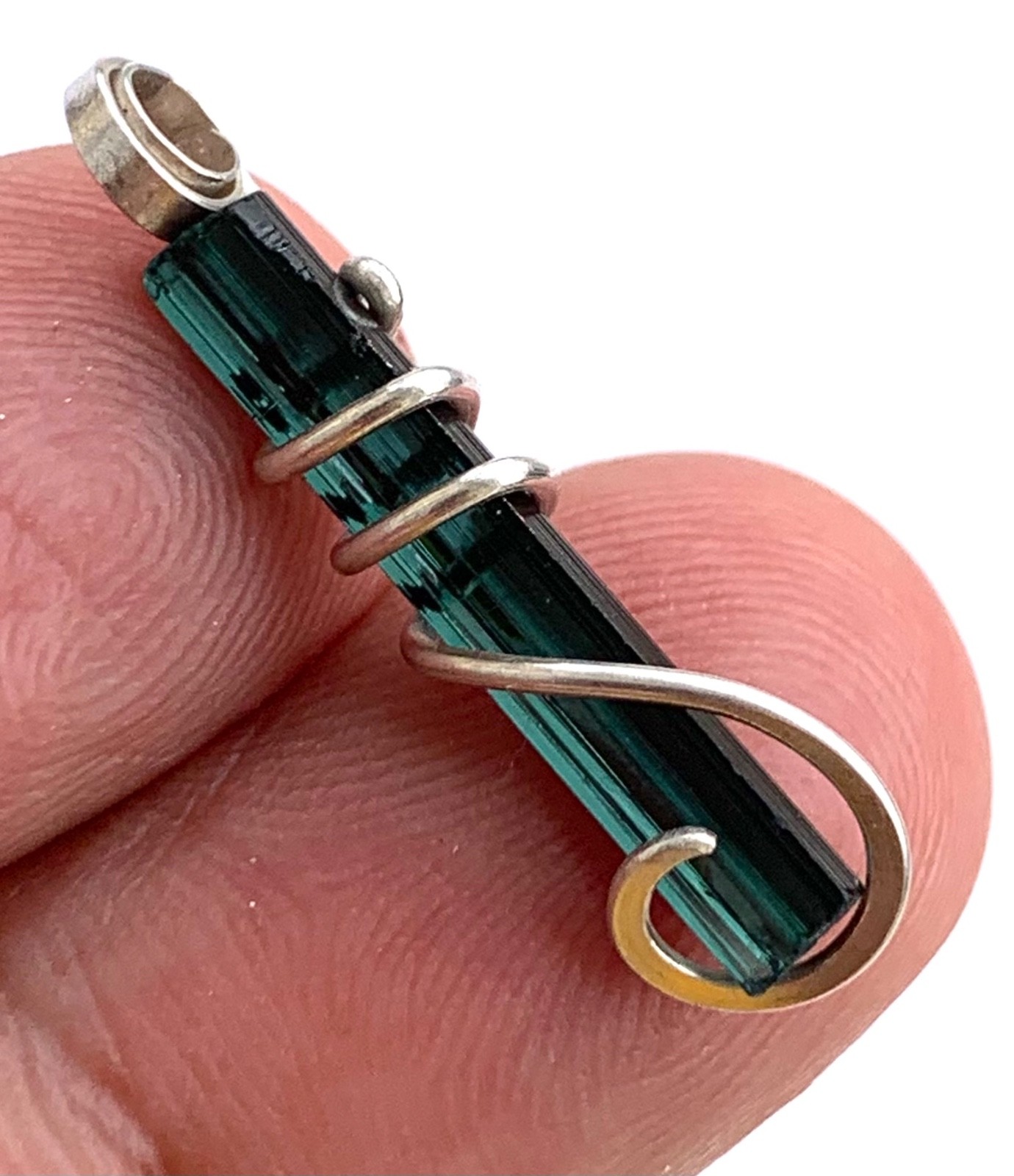Blue Tourmaline Crystal Pendant, Hand Forged Sterling Silver Wire Wrap 6.70