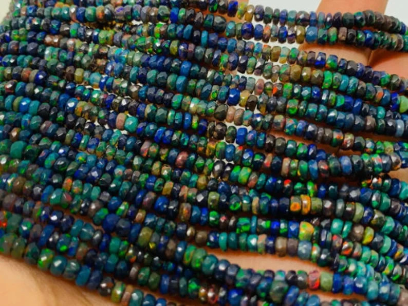 Ethiopian Opal Faceted Roundel , Length 16 Inch -Black Ethiopian Opal Faceted