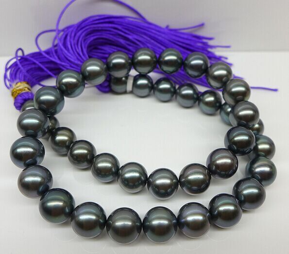 HUGE 17″12-15MM NATURAL SOUTH SEA GENUINE BLACK ROUND PEARL NECKLACE 1666AAA