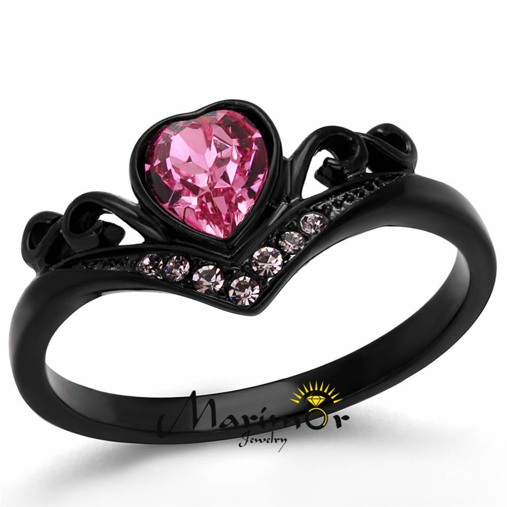 Women’s Round Cut Pink Crystal Black Stainless Steel Heart Fashion Ring Sz 5-10