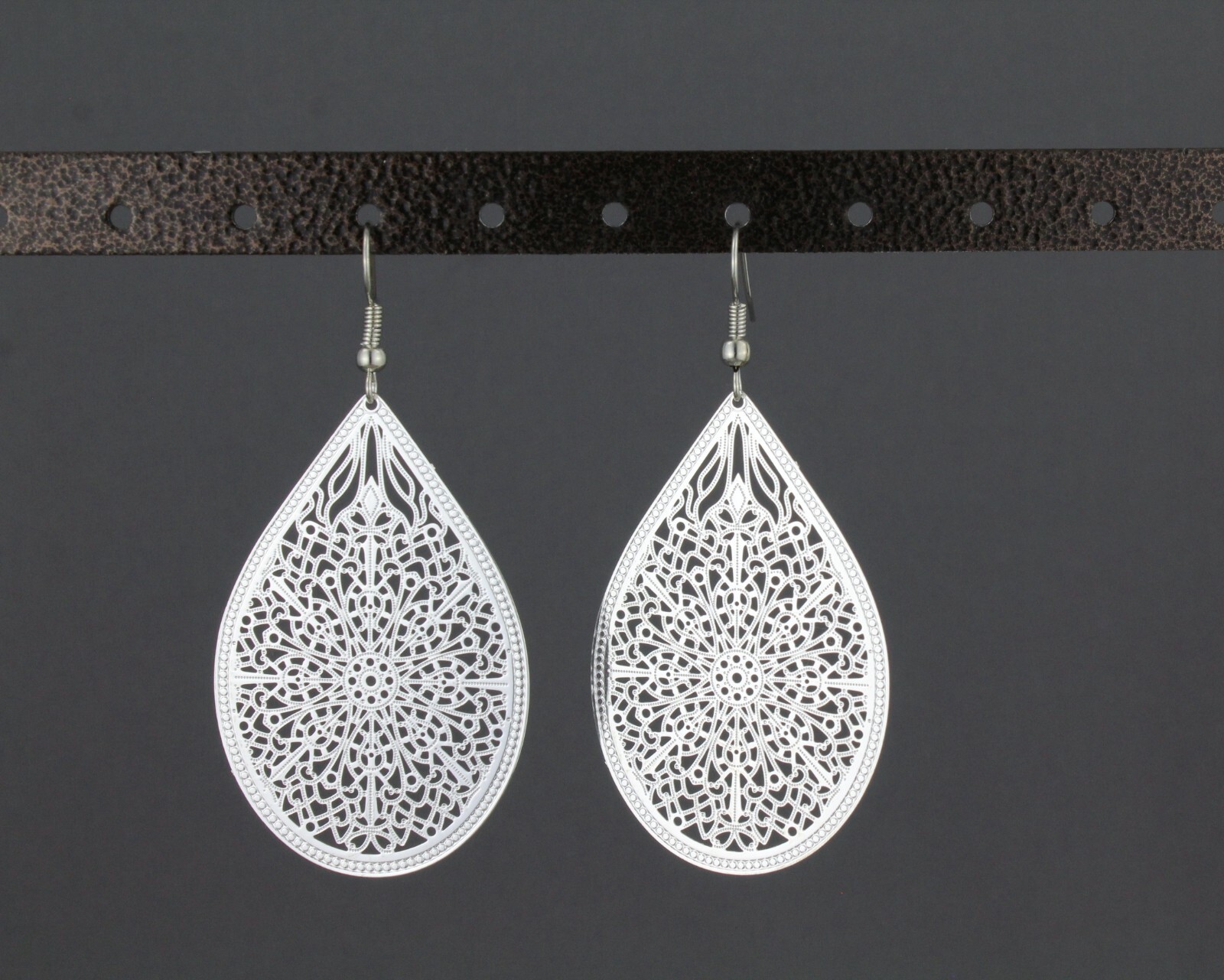 Silver earrings teardrop dangle shiny VERY lightweight filigree 2.5″ long