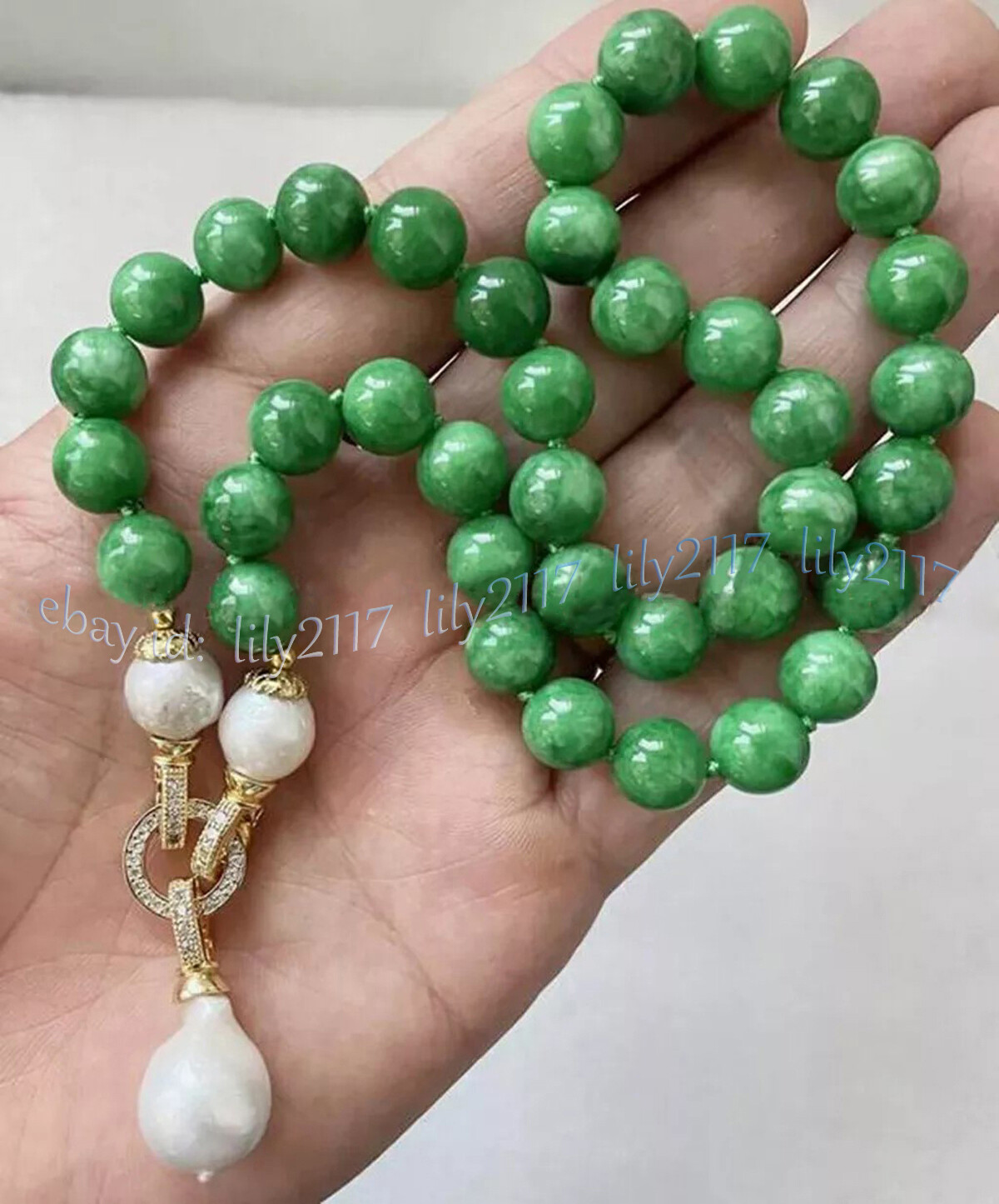 Natural Green Jade Round Gems Beads White Baroque Keshi Pearl Pendant Necklace
