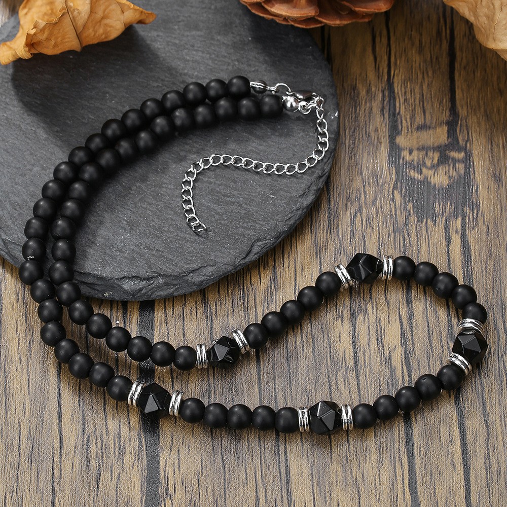 Men Beaded Choker Necklace Hiphop Jewelry Trendy Black Agate Chain Necklace Gift