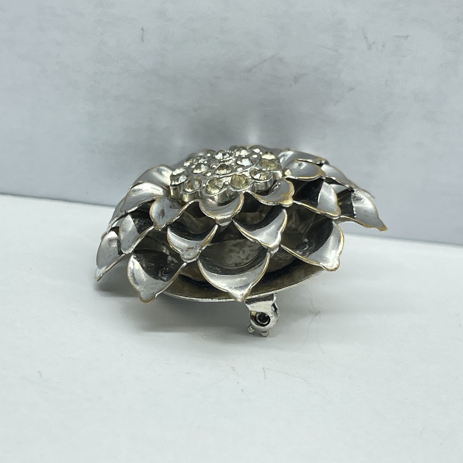 Brooch Silver Tone Flower Layered Petals Rhinestone Center No Mark -Flaw