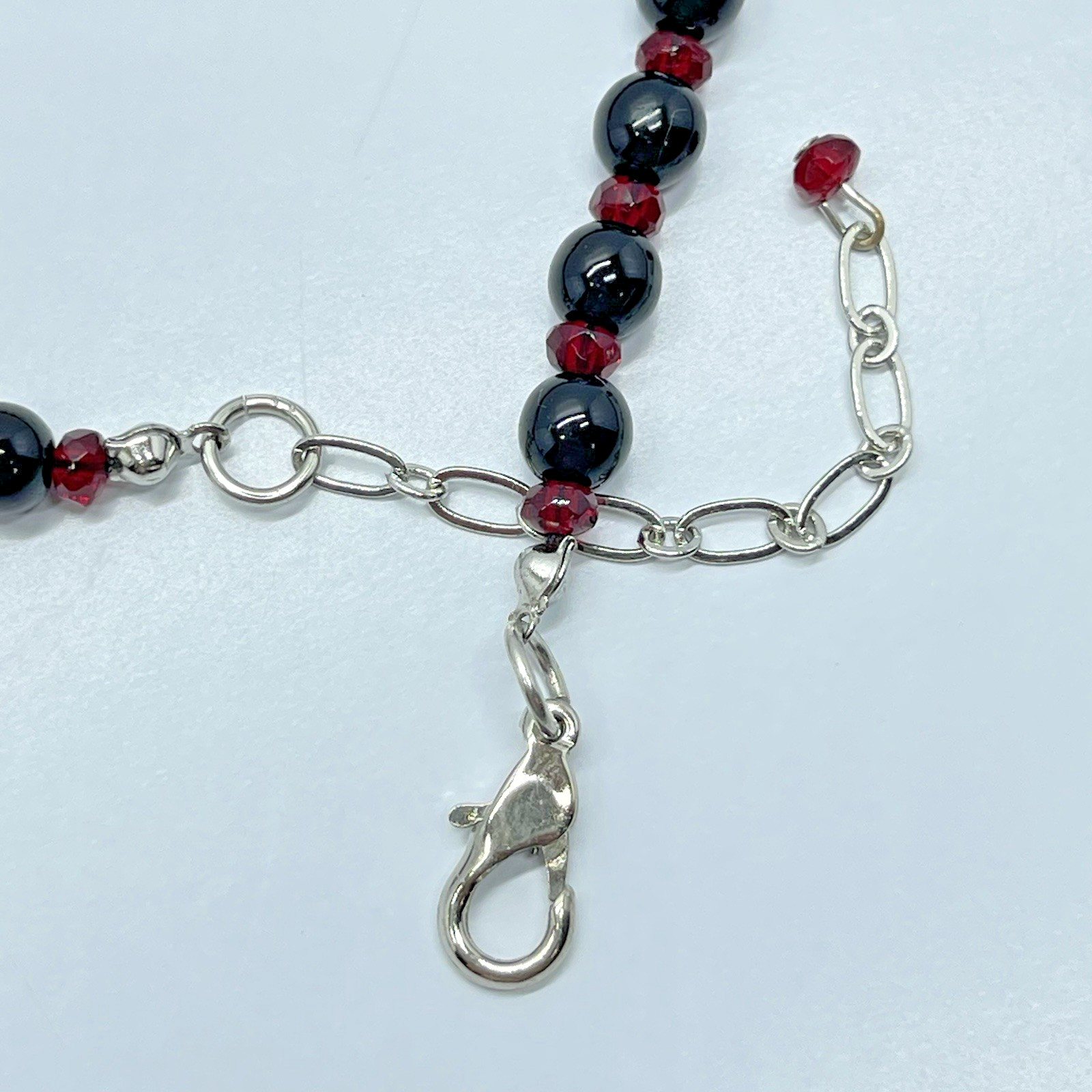 Gothic Black Beaded Necklace Graduated Bead Ruby Red Crystal Spacer Silver Tone