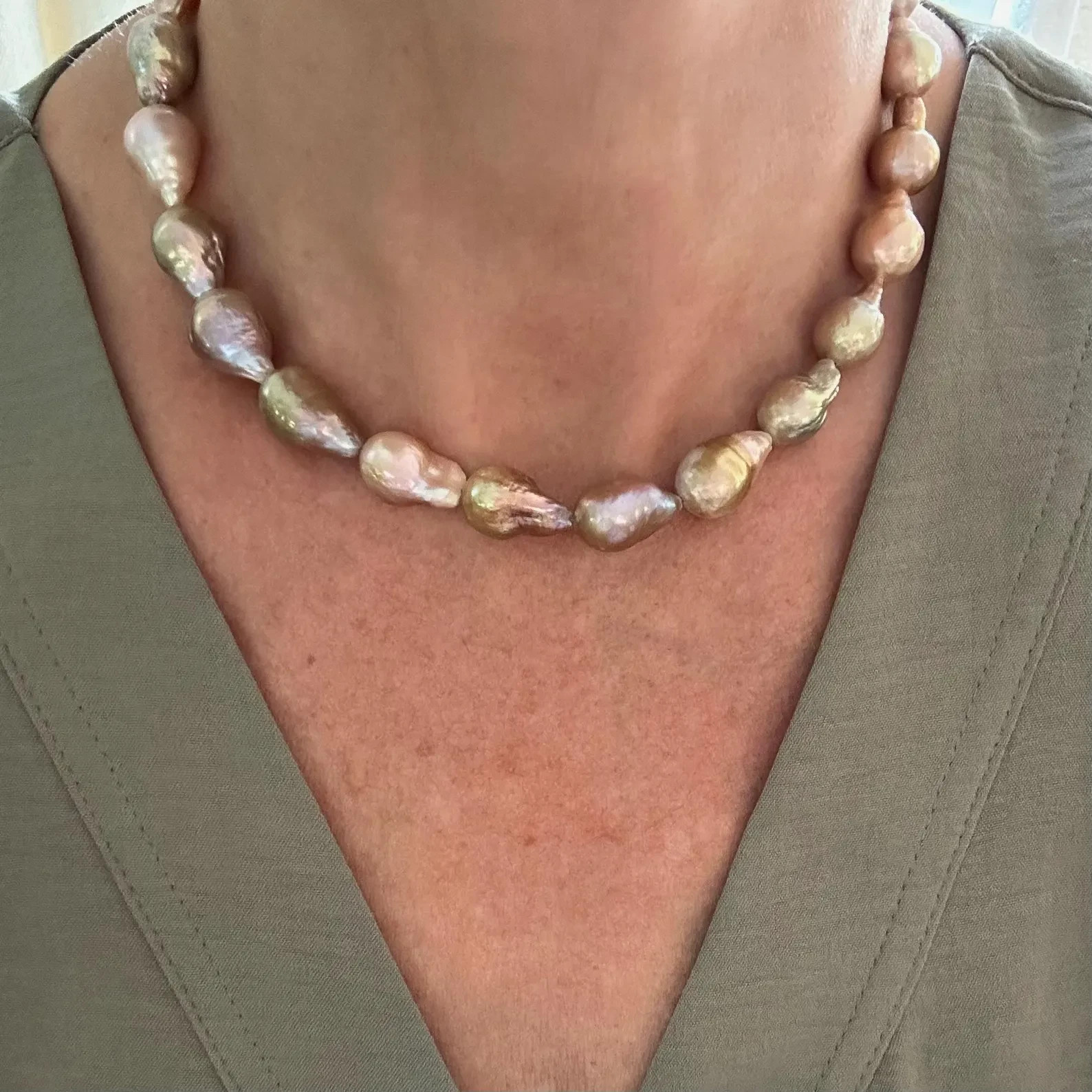 Baroque Pearl Necklace | Solid 14K Gold | 12x18mm Multicolor Freshwater Choker