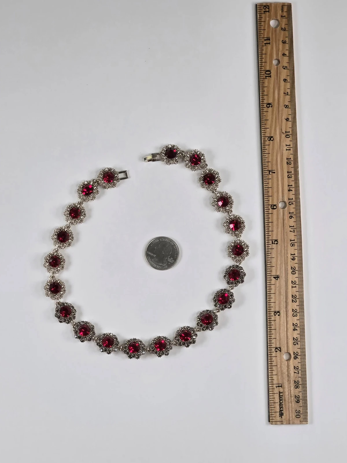 Simulated Red Statement Choker, Rhinestone Silver Tone Necklace