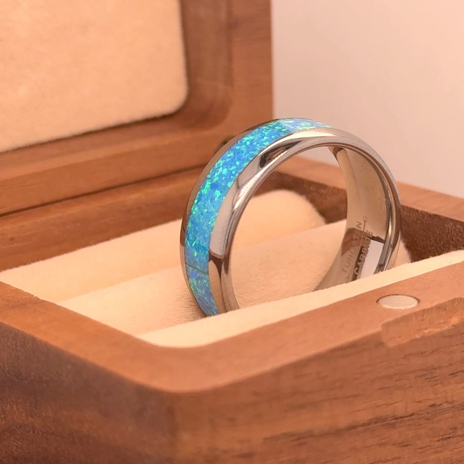 Domed Silver Tungsten Wedding Ring – Blue Green Opal Inlay Custom Engraved Band