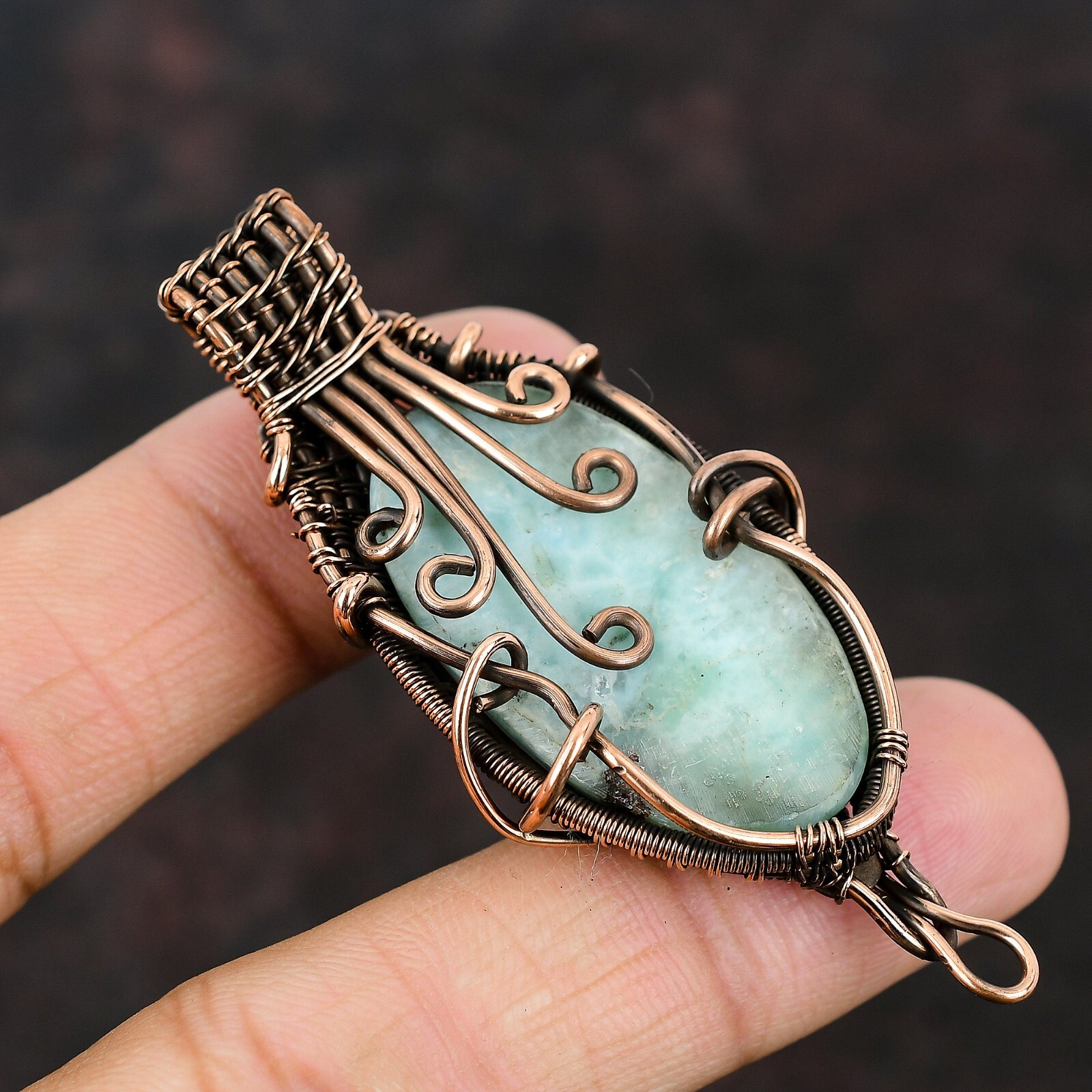 Larimar Gemstone Jewelry Copper Gift For Bridesmaid Wire Wrapped Pendant 2.64″