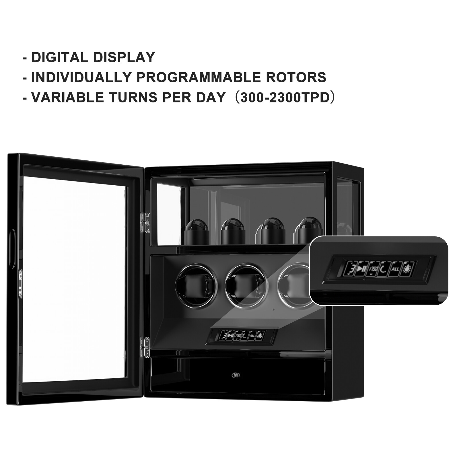 Fingerprint Lock 3 Watch Winder W/ Extra Watches Storage LCD Remote Control LED