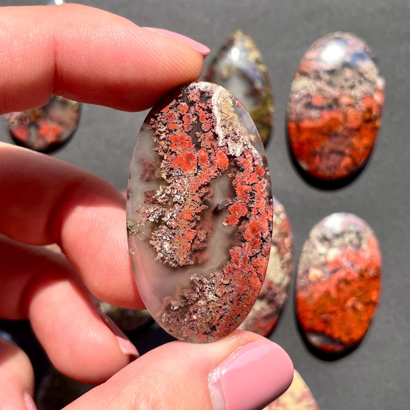 Red & Green Moss agate flat back cabochon -Garden Landscape -Natural Gemstones