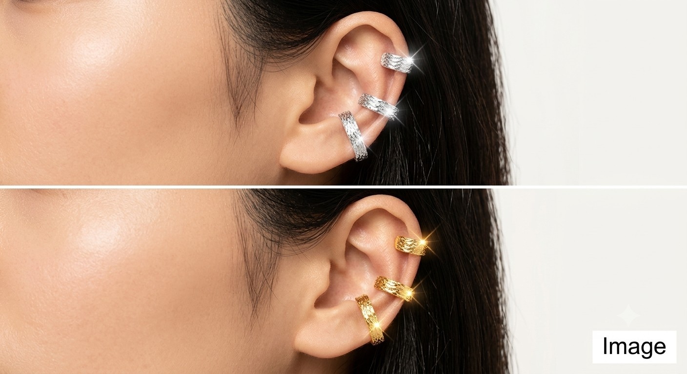 Gold & Silver Tone Textured Metal Cuff & Hoop Earrings Set, Clip-On, No Stone