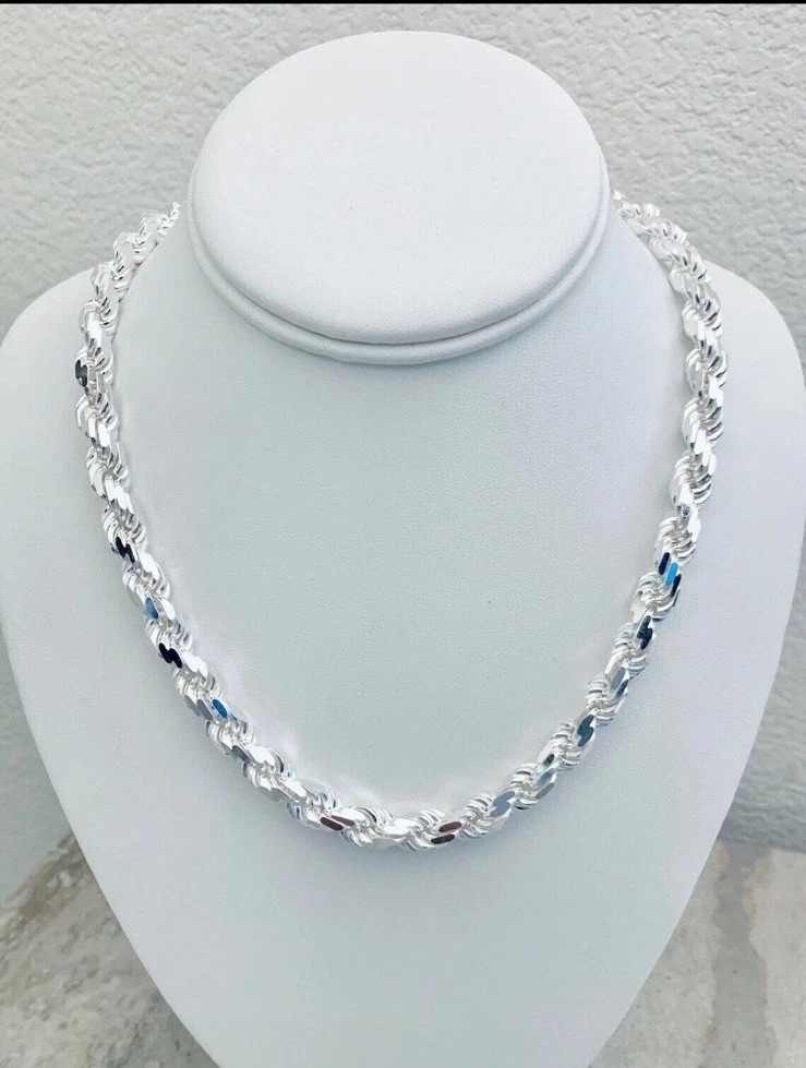 Solid 925 Sterling Silver Italian Rope Chain Necklace Diamond Cut 7mm 30 in