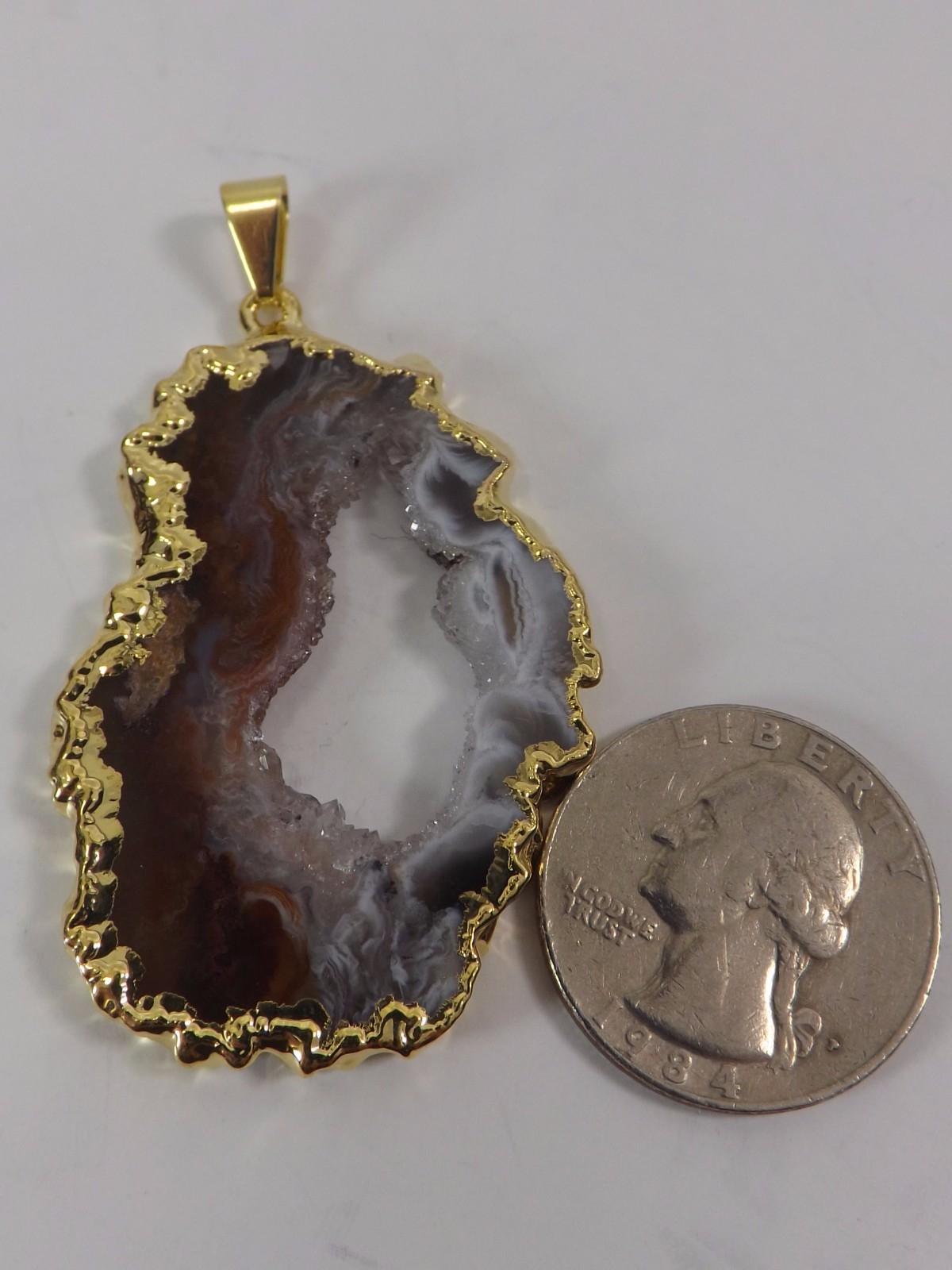 AGATE PENDANT CRYSTAL GEODE Slice, Unique Polished Natural Stone Brazil Gold Edg