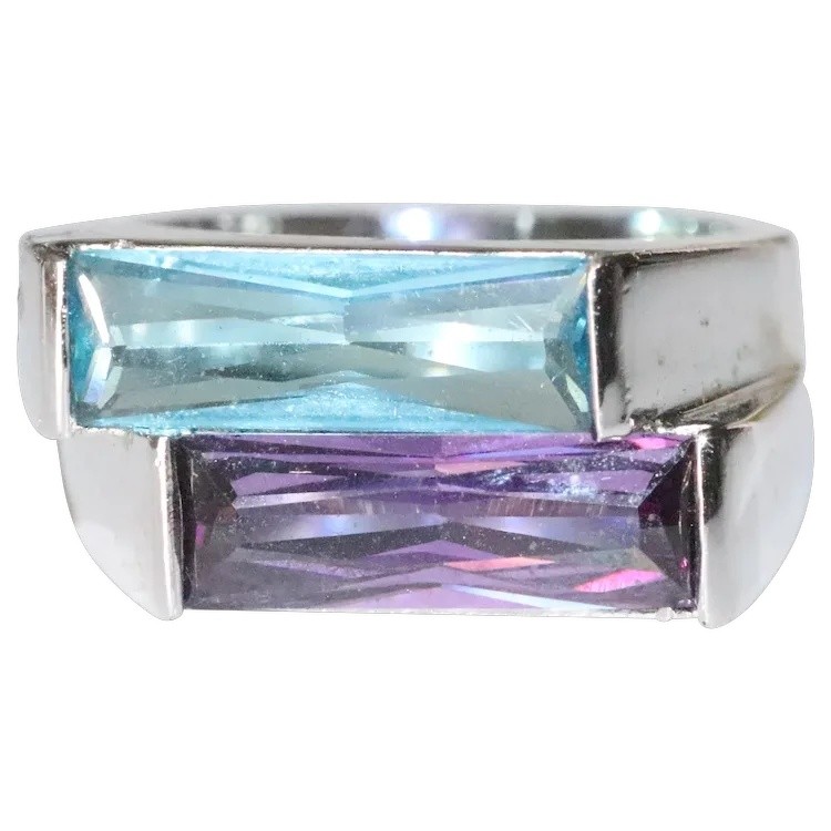 Sterling Silver Faceted Radiant Cut Blue Topaz Amethyst Ring