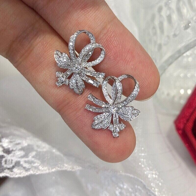 2.00 Ct Round Cut Simulated Diamond Bowknot Stud Earrings 14K White Gold Plated