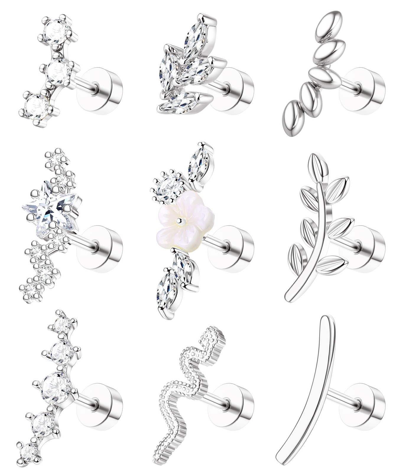 ZELORES 9Pcs Flat Back Cartilage 16G (1.2mm), Silver Plated Tone-9Pcs
